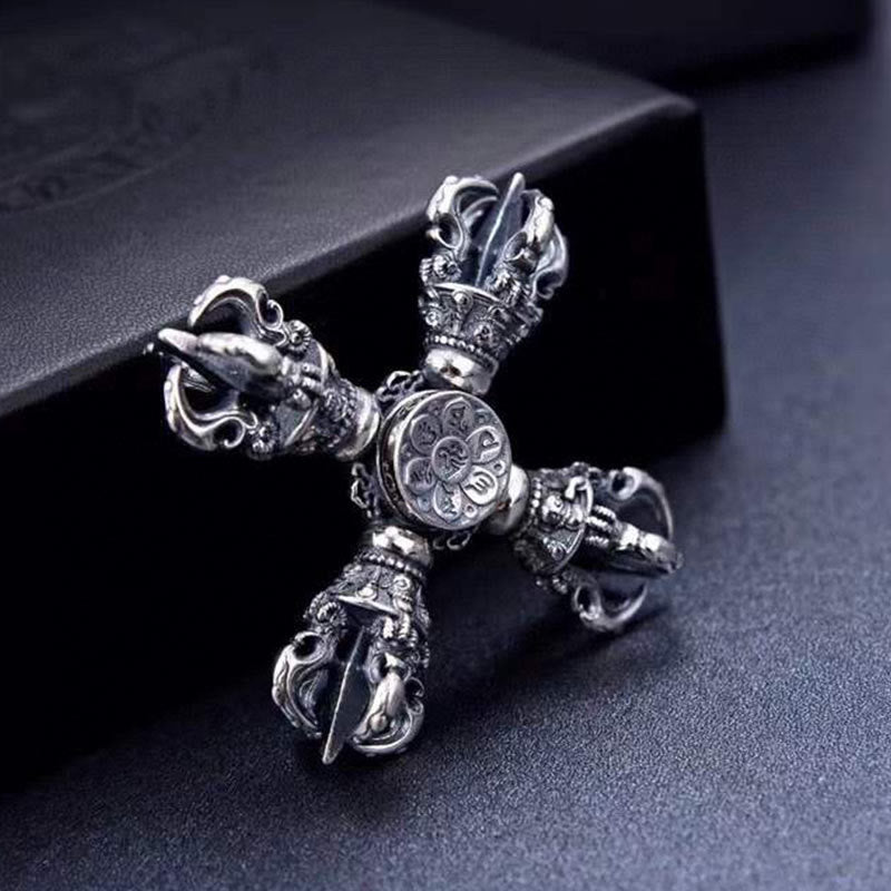 Buddha Stonesチベット 925 スターリングシルバー ダブルドルジェ ヴァジュラ 彫刻 スピリチュアルパワーペンダント