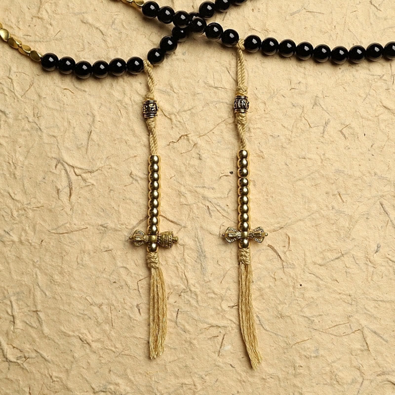 Buddha Stonesチベット 108 個Malaビーズ ブラックオニキス 三目 ジービーズ 守護ブレスレット