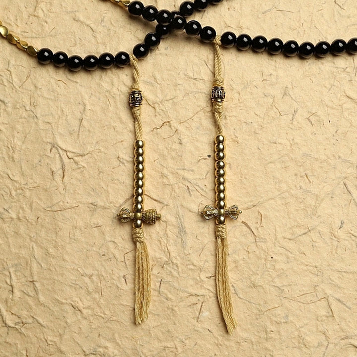 Buddha Stonesチベット 108 個Malaビーズ ブラックオニキス 三目 ジービーズ 守護ブレスレット