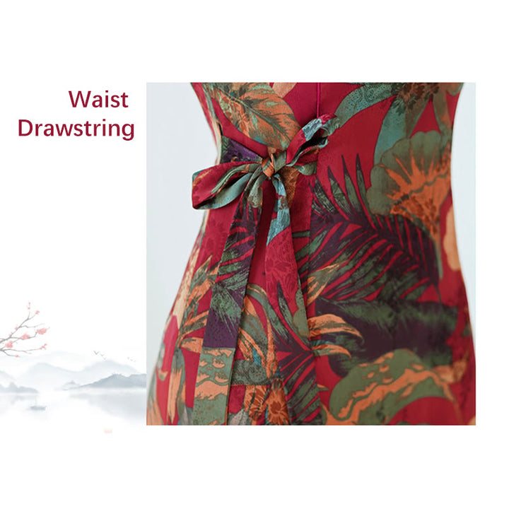 Buddha Stonesシルクチャイナドレス レトロ花葉柄レディースチャイナドレス