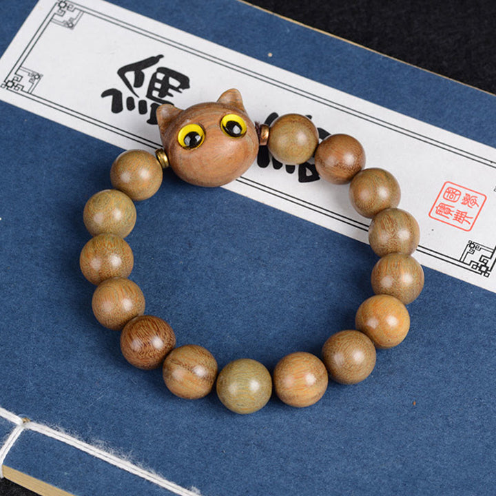 Buddha Stones、黒檀、緑檀、赤檀、愛らしい猫のバランスブレスレット - グリーンサンダルウッド猫 12mm×15個(手首周り14~16cm) - image 8