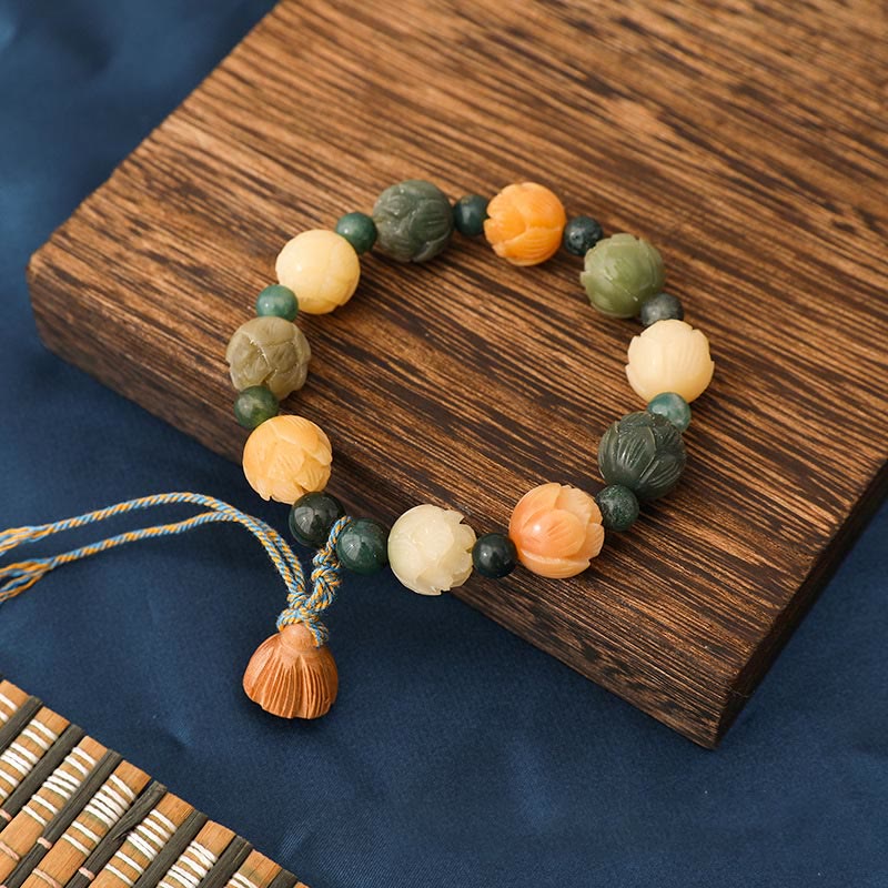 Buddha Stones菩提樹蓮珠彫刻入り苔瑪瑙平和静寂ブレスレット