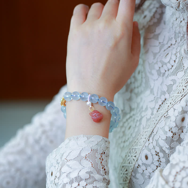 Buddha Stones天然アクアマリン 赤瑪瑙 パールビーズ ヒーリングチャームブレスレット