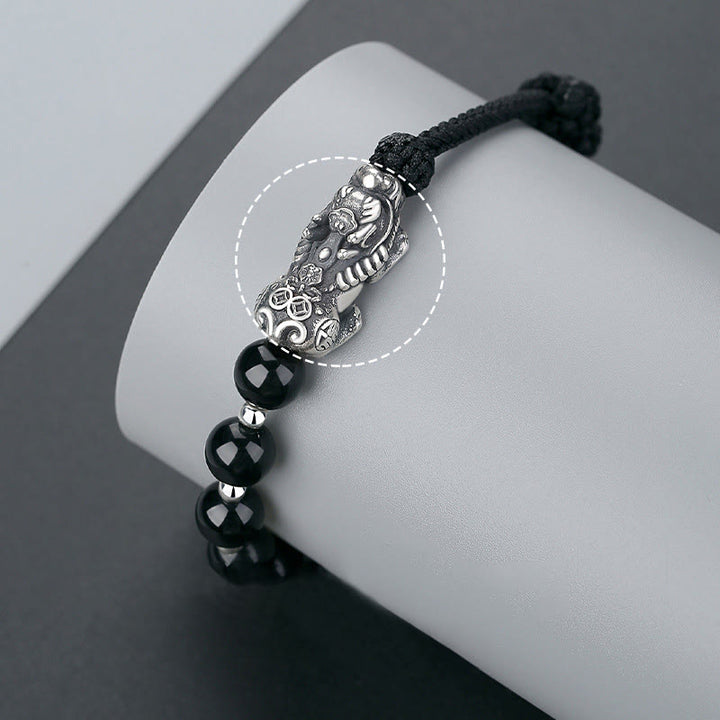 Buddha Stones999スターリングシルバー 風水 貔貅 天然黒曜石 925スターリングシルバー ビーズ強さブレスレット