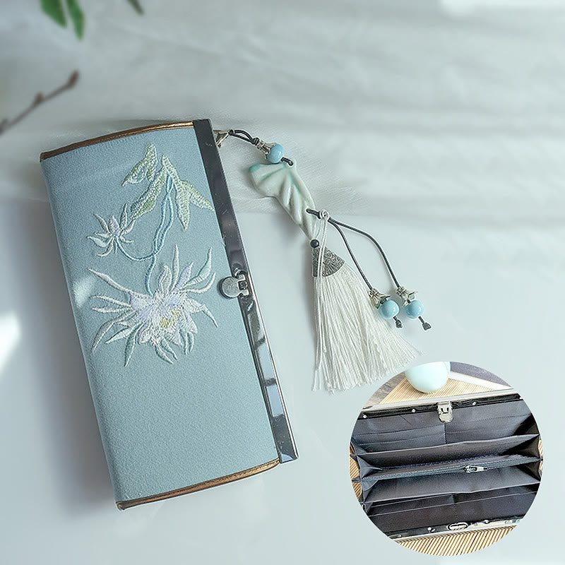 Buddha Stonesの花、梅、桃の花、竹の両面刺繍、大容量のキャッシュホルダーウォレット、ショッピングバッグ - image 1