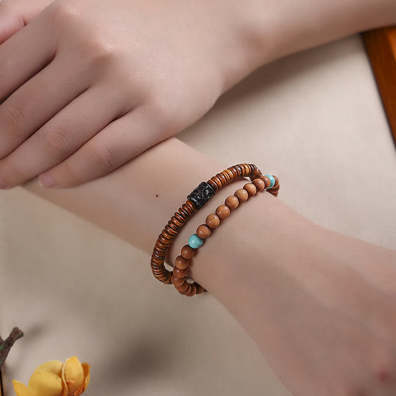 Buddha Stones白檀小葉 レッドサンダルウッド ターコイズ プロテクション ダブルラップブレスレット