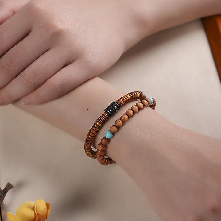Buddha Stones白檀小葉 レッドサンダルウッド ターコイズ プロテクション ダブルラップブレスレット