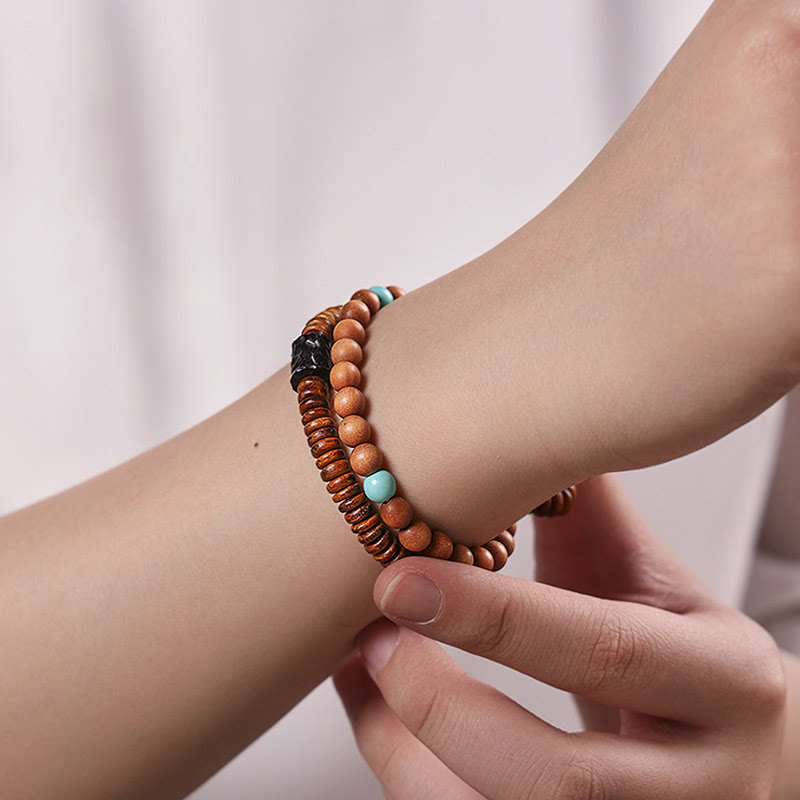 Buddha Stones白檀小葉 レッドサンダルウッド ターコイズ プロテクション ダブルラップブレスレット