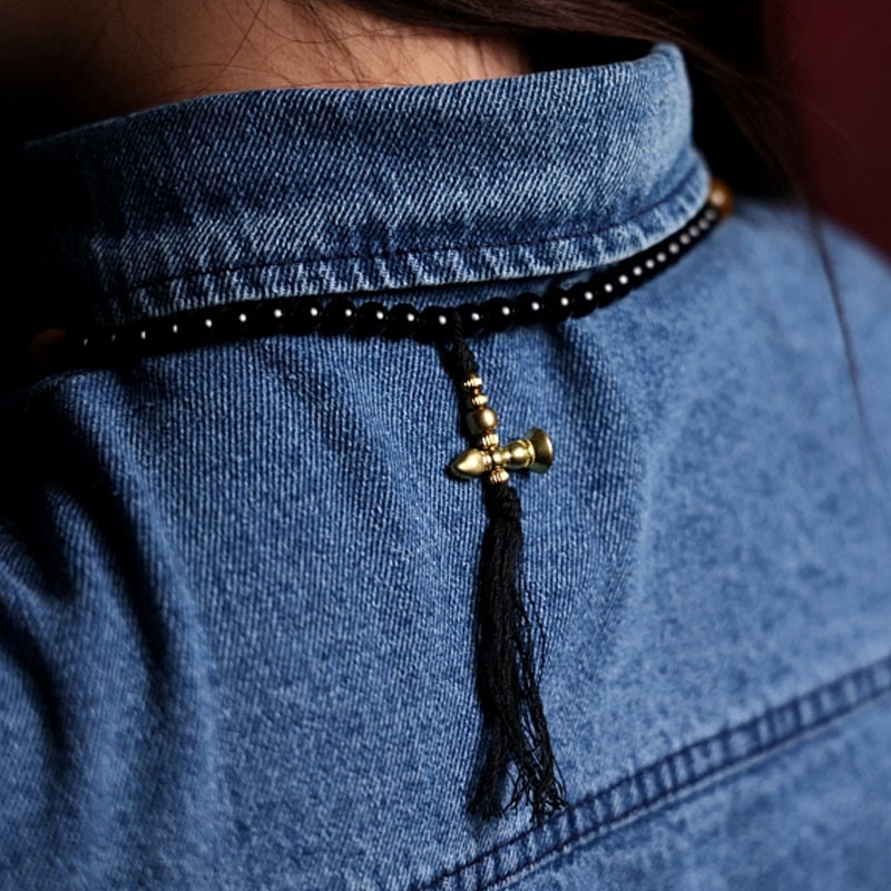 Buddha Stonesチベット 108 個Malaビーズ ブラックオニキス タイガーアイビーズ 九宮 八卦 守護ブレスレット