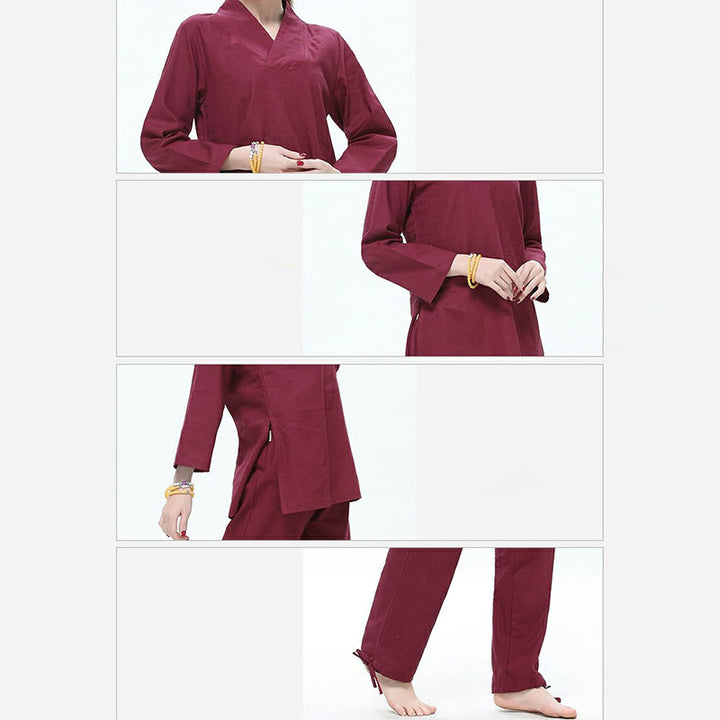 Buddha Stones禅 練習 ヨガ 瞑想 祈り Vネックデザイン ユニフォーム コットンリネン 服 レディース セット - image 4