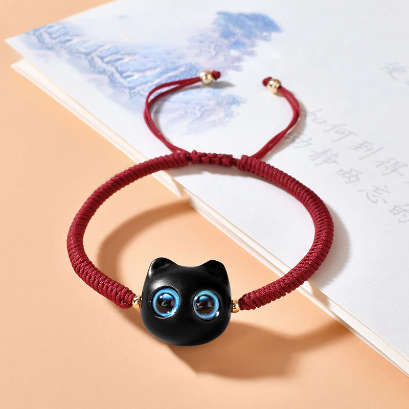 Buddha Stones、黒檀、猫の頭の模様、平和、キングコングの結び目、編み込みブレスレット - ダークレッドロープ(手首周り14~18cm) - image 1