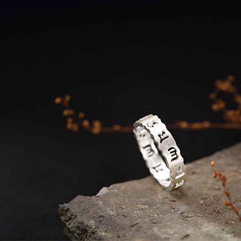 Buddha Stonesチベット 925 スターリングシルバー オム・オーム・マニ・パドメ・フム平和中空リング