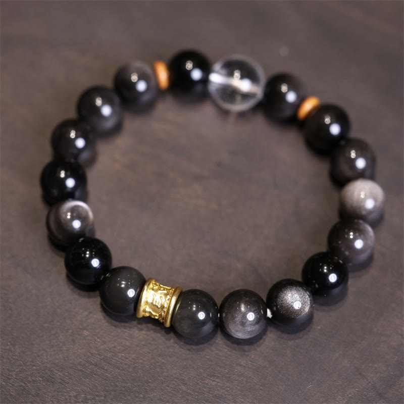 Buddha Stones天然銀光沢黒曜石クリスタルオーム・マニ・パドメ・フムビーズ守護ブレスレット