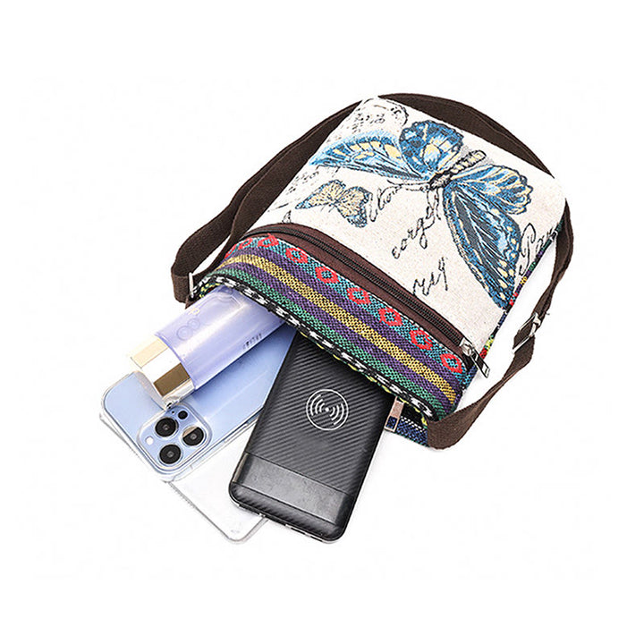 Buddha Stonesエレファントバタフライ刺繍キャンバストートバッグ ショルダーバッグ クロスボディバッグ