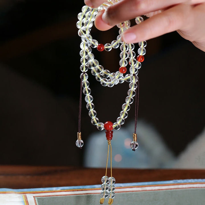 Buddha Stones 108Malaビーズ 925 スターリングシルバー 天然ホワイトアゲート レッドアゲート 4重ラップ保護ブレスレット