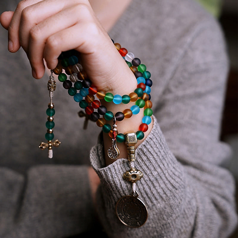 Buddha Stonesチベット 108 個Malaビーズ マルチカラー 琉璃 ガラスビーズ 十二支 九宮 八卦 チャームブレスレット