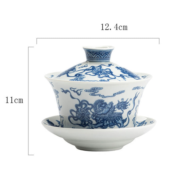 Buddha Stones青と白の磁器 蓮 鯉 獅子舞 スイカ 陶器 蓋碗 三彩 ティーカップ カンフーティーカップ&ソーサー 蓋付き 300ml