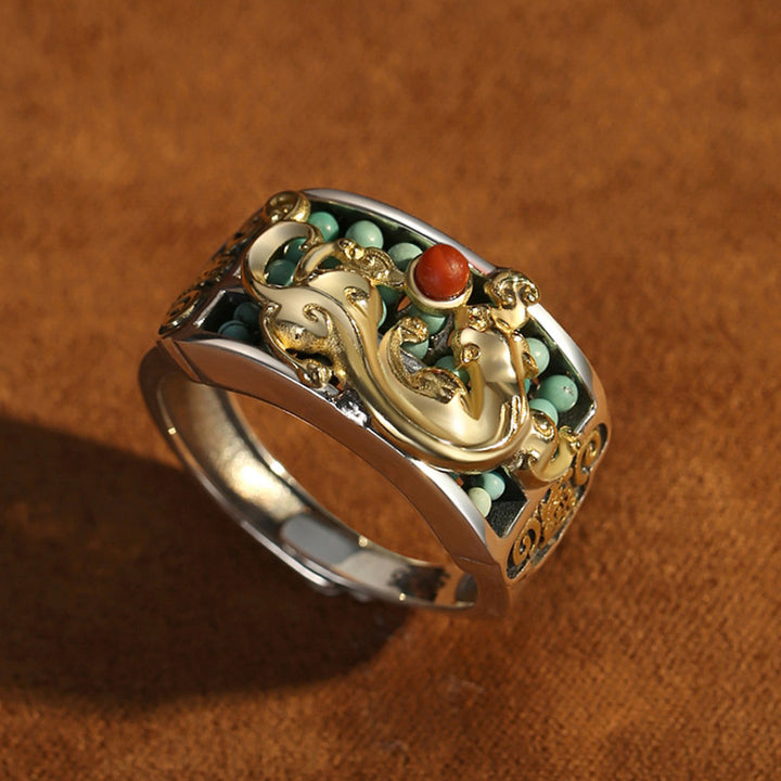 Buddha Stones 925スターリングシルバー ターコイズ レッドアゲート 貔貅 そろばん 守護リング