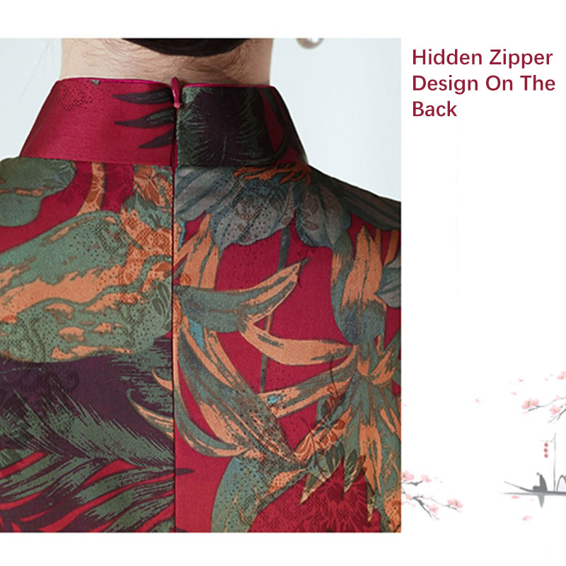 Buddha Stonesシルクチャイナドレス レトロ花葉柄レディースチャイナドレス