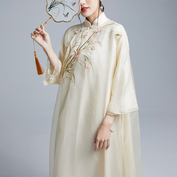 Buddha Stones 100% マルベリーシルク 6匁 ドレス ヴィンテージ フラワー バタフライ 刺繍 チーパオ ドレス レディース チャイナドレス