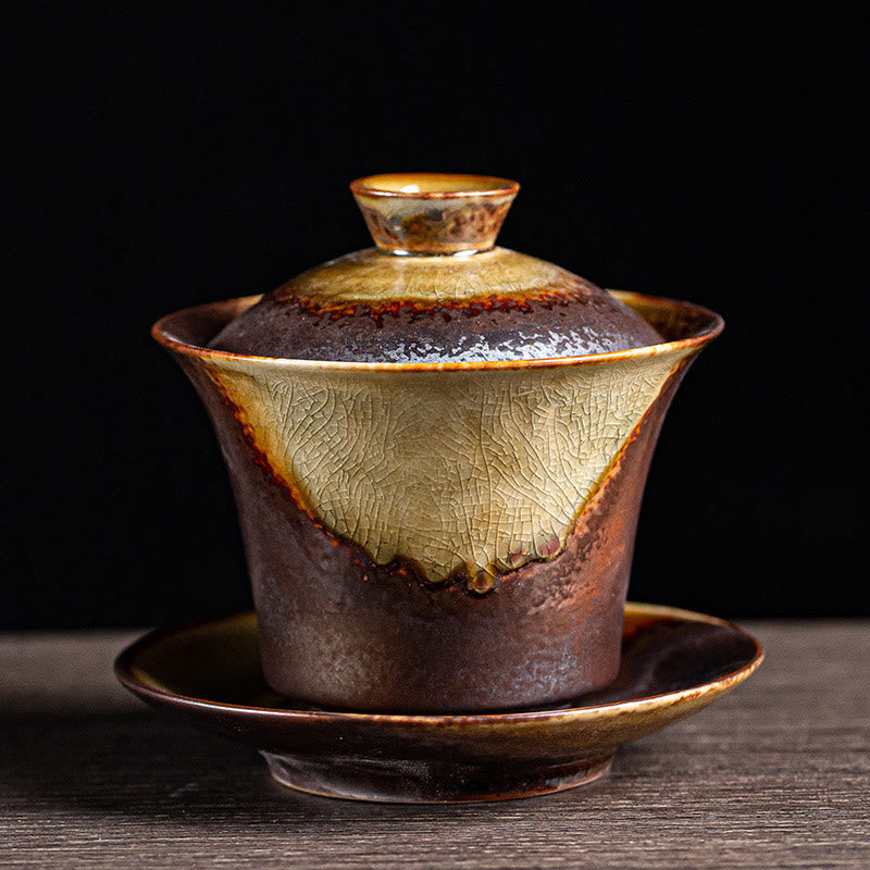 Buddha Stonesヴィンテージ ブラウン 窯変デザイン 磁器 セラミック 蓋碗 三彩 ティーカップ カンフー ティーカップ&ソーサー 蓋付き