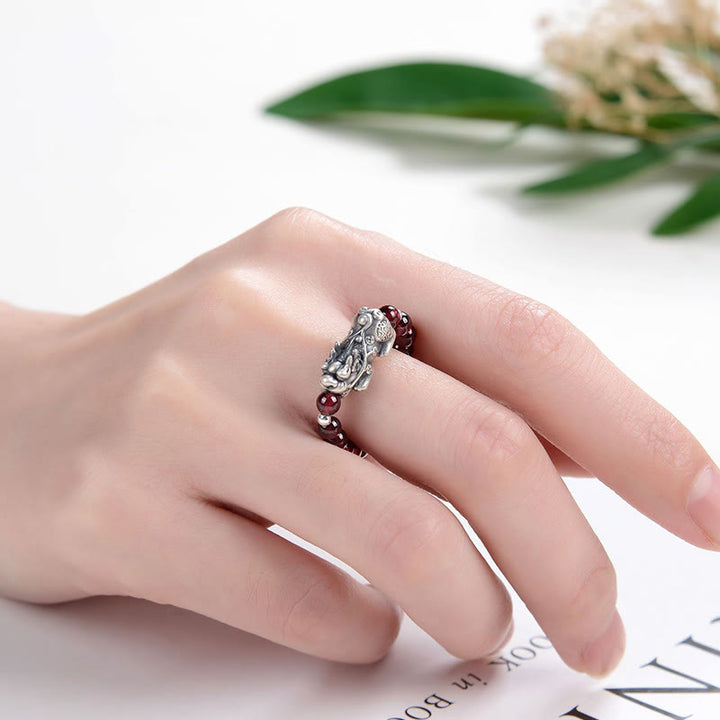 Buddha Stones 925スターリングシルバー 天然ガーネット ムーンストーン レッドアゲート 貔貅 富の指輪