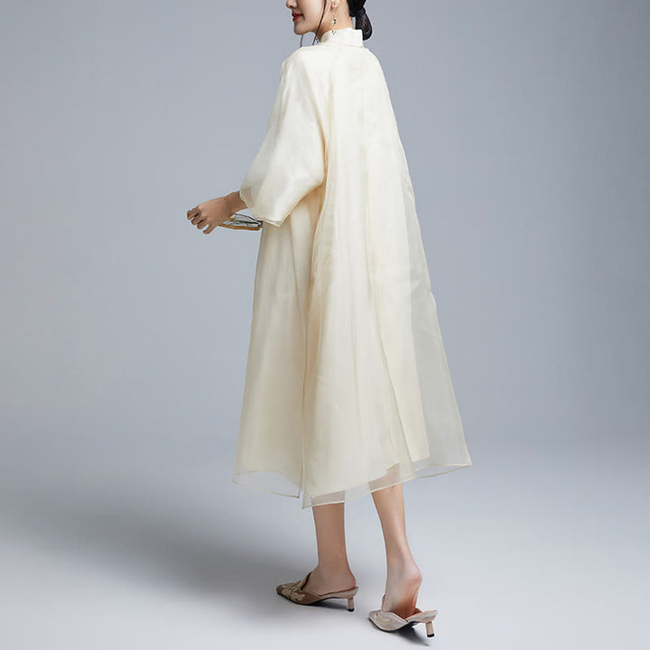 Buddha Stones 100% マルベリーシルク 6匁 ドレス ヴィンテージ フラワー バタフライ 刺繍 チーパオ ドレス レディース チャイナドレス