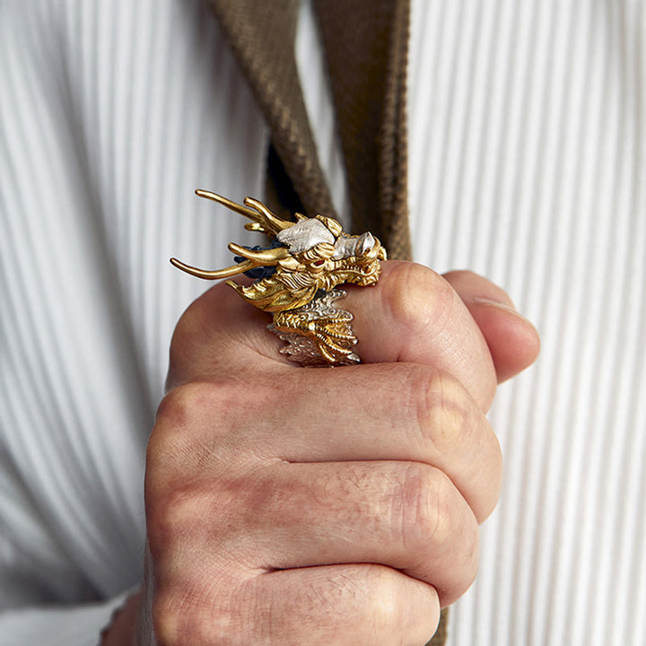 Buddha Stones925スターリングシルバー ドラゴン 幸運 成功 守護 調節可能 リング ペンダント