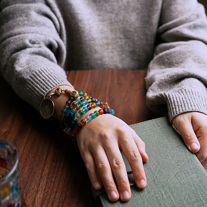 Buddha Stonesチベット 108 個Malaビーズ マルチカラー 琉璃 ガラスビーズ 十二支 九宮 八卦 チャームブレスレット