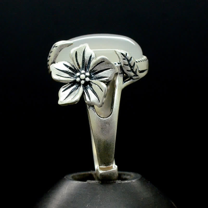 990スターリングシルバー天然カルセドニープラムポジティブハーモニーリング