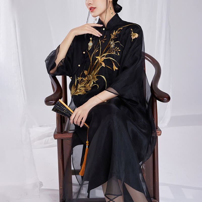 Buddha Stones 100% マルベリーシルク 6匁 ドレス ヴィンテージ フラワー バタフライ 刺繍 チーパオ ドレス レディース チャイナドレス