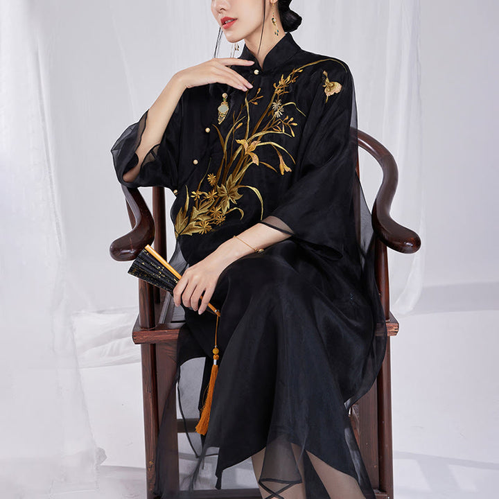 Buddha Stones 100% マルベリーシルク 6匁 ドレス ヴィンテージ フラワー バタフライ 刺繍 チーパオ ドレス レディース チャイナドレス