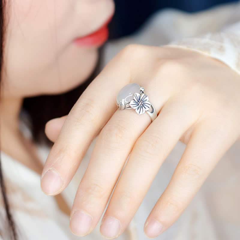 990スターリングシルバー天然カルセドニープラムポジティブハーモニーリング