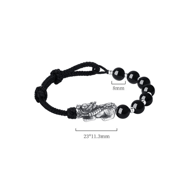 Buddha Stones999スターリングシルバー 風水 貔貅 天然黒曜石 925スターリングシルバー ビーズ強さブレスレット