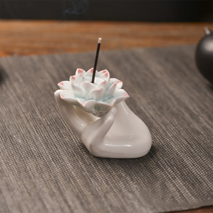 Buddha Stones小さな陶器製 蓮の手 癒し 瞑想 香炉 装飾