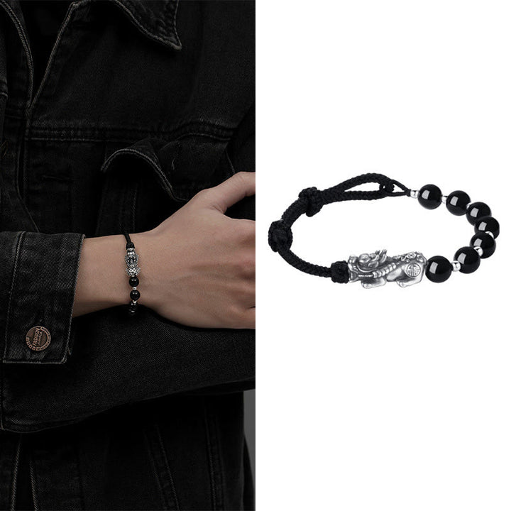 Buddha Stones999スターリングシルバー 風水 貔貅 天然黒曜石 925スターリングシルバー ビーズ強さブレスレット