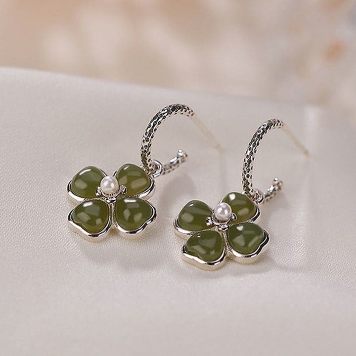 Buddha Stones 925スターリングシルバー 天然シアン翡翠 四つ葉のクローバー 幸運 成功 イヤリング