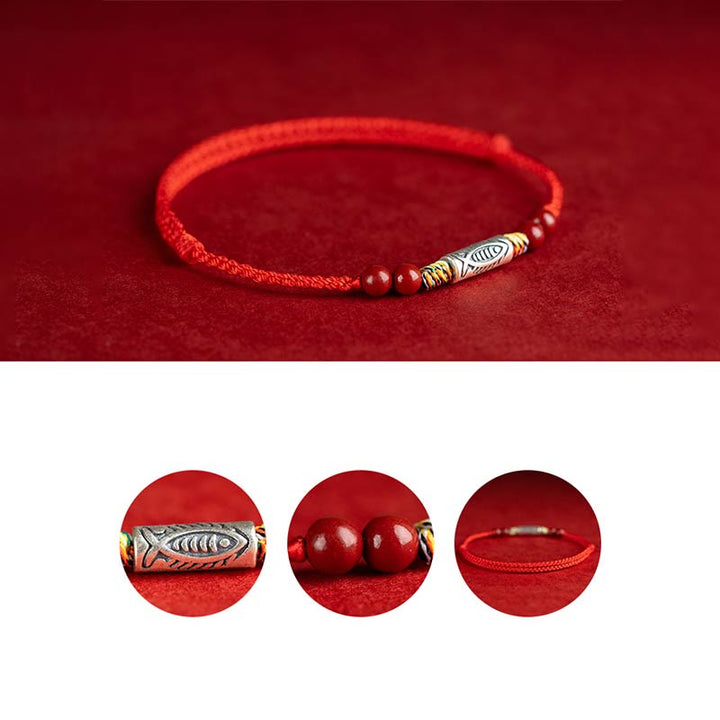 Buddha Stones 925スターリングシルバー 鯉 辰砂 ビーズ 富 手作り 編み込み ブレスレット アンクレット
