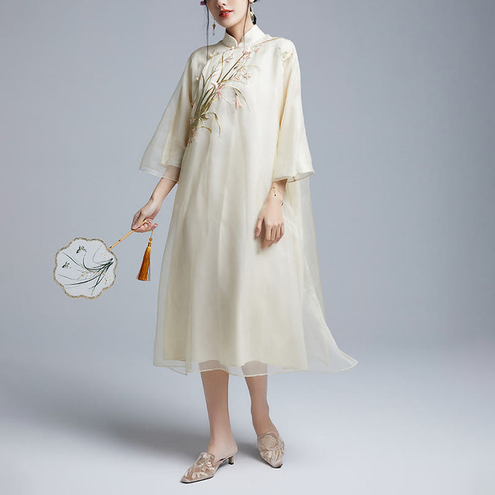 Buddha Stones 100% マルベリーシルク 6匁 ドレス ヴィンテージ フラワー バタフライ 刺繍 チーパオ ドレス レディース チャイナドレス