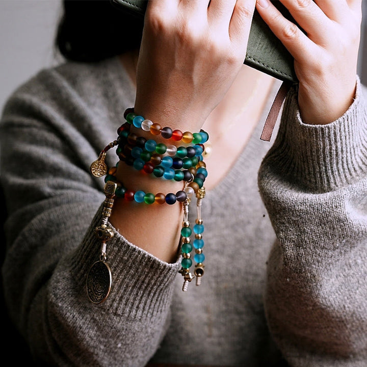 Buddha Stonesチベット 108 個Malaビーズ マルチカラー 琉璃 ガラスビーズ 十二支 九宮 八卦 チャームブレスレット