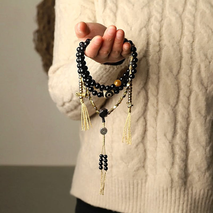 Buddha Stonesチベット 108 個Malaビーズ ブラックオニキス 三目 ジービーズ 守護ブレスレット