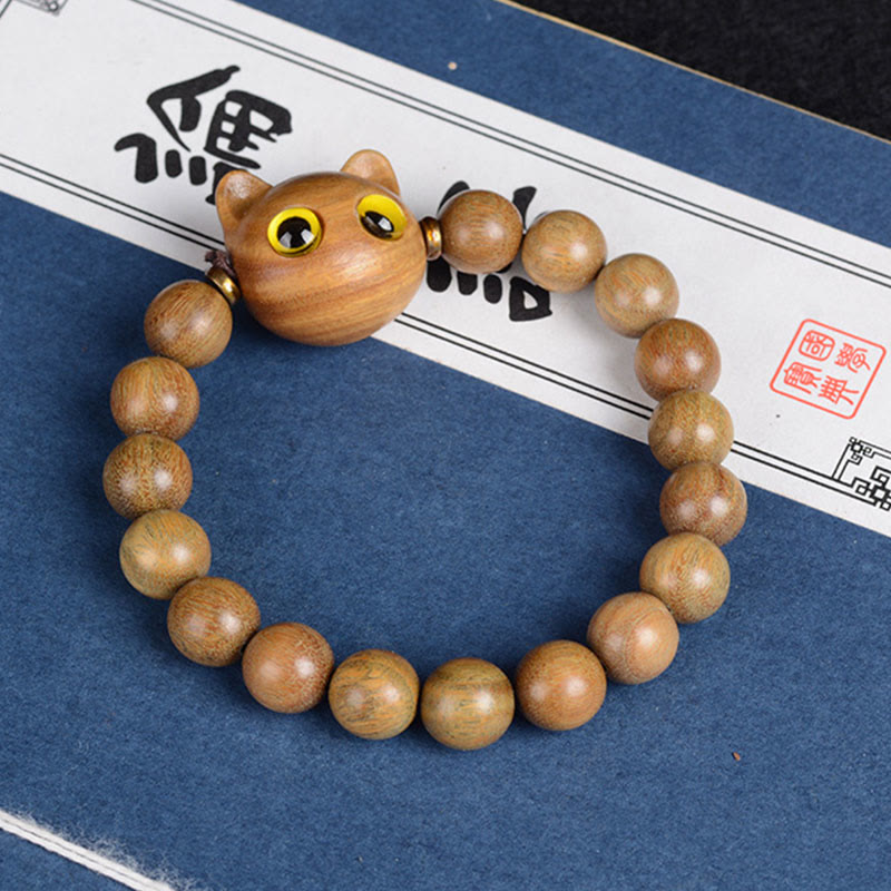 Buddha Stones、黒檀、緑檀、赤檀、愛らしい猫のバランスブレスレット - グリーンサンダルウッド猫 10mm×15個(手首周り14~16cm) - image 4
