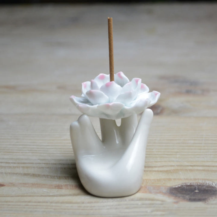 Buddha Stones小さな陶器製 蓮の手 癒し 瞑想 香炉 装飾