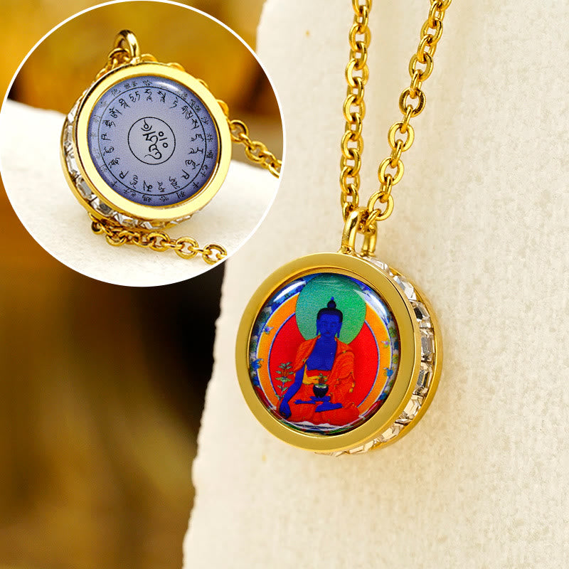 Buddha Stonesチベット イエロー 富の神 グリーン ターラ仏 静寂 チタン鋼 ネックレス ペンダント - 前面薬師如来背面マントラ - image 19