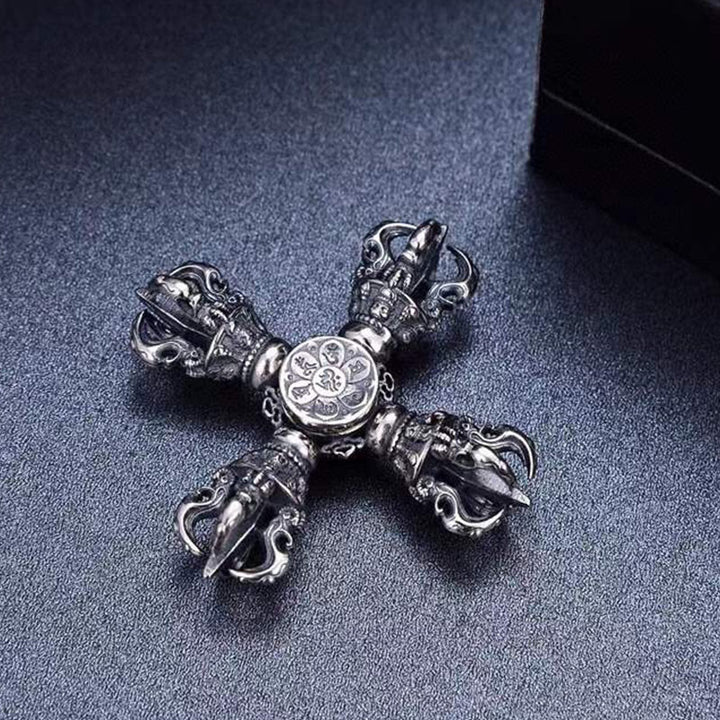 Buddha Stonesチベット 925 スターリングシルバー ダブルドルジェ ヴァジュラ 彫刻 スピリチュアルパワーペンダント