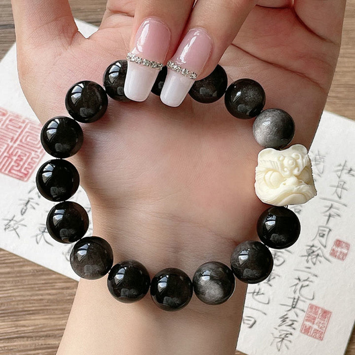 Buddha Stones銀の輝き 黒曜石 菩提樹の種 象牙 フルーツ ダンシングライオン 守護ブレスレット