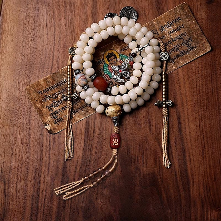 Buddha Stonesチベット 108Malaビーズ菩提樹種子八卦金剛 Dzi ビーズグレー瑪瑙富ブレスレット