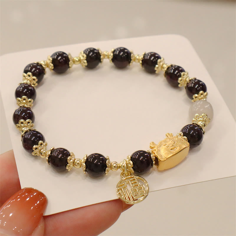 Buddha Stones赤瑪瑙 ストロベリークォーツ 黒曜石 翡翠 ガーネット 真珠 辰砂 団子型 龍 幸運 福 キャラクター ブレスレット - ガーネット(手首周り14~19cm) - image 24
