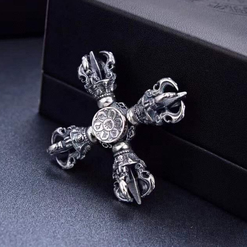 Buddha Stonesチベット 925 スターリングシルバー ダブルドルジェ ヴァジュラ 彫刻 スピリチュアルパワーペンダント