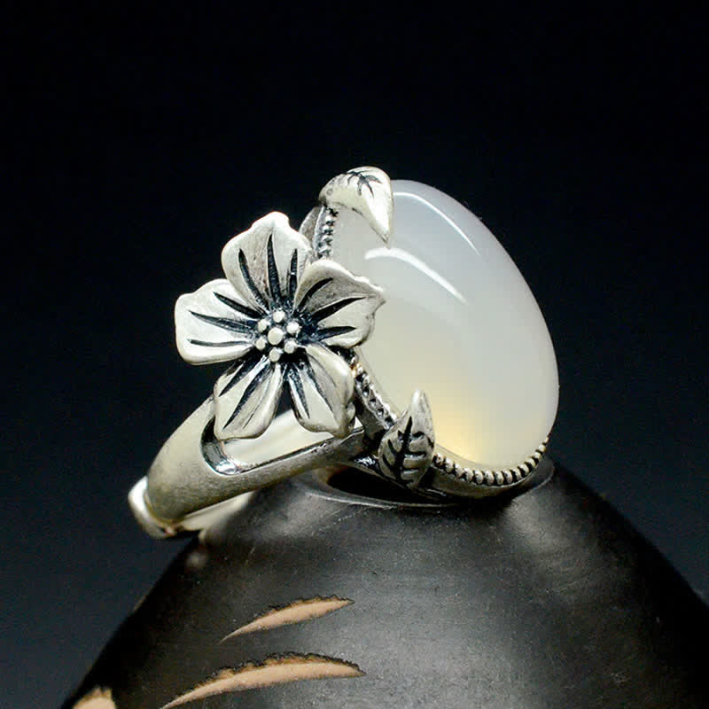 990スターリングシルバー天然カルセドニープラムポジティブハーモニーリング